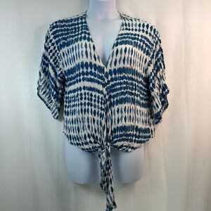 Love STITCH Women L Tie Front Kimono Blouse Top Blue White Lagenlook Art to Wear